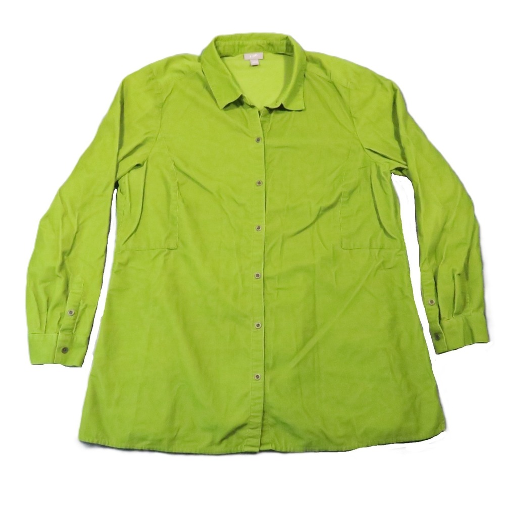 J Jill Corduroy Shirt L Lime Green Button Up Tunic Lagenlook Bright Colorful 90s